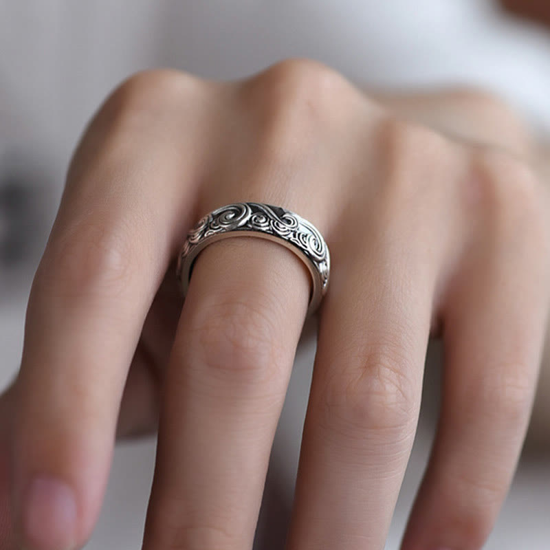 Buddha Stones 999 Sterling Silver Auspicious Clouds Engraved Blessing Adjustable Ring Ring BS 10