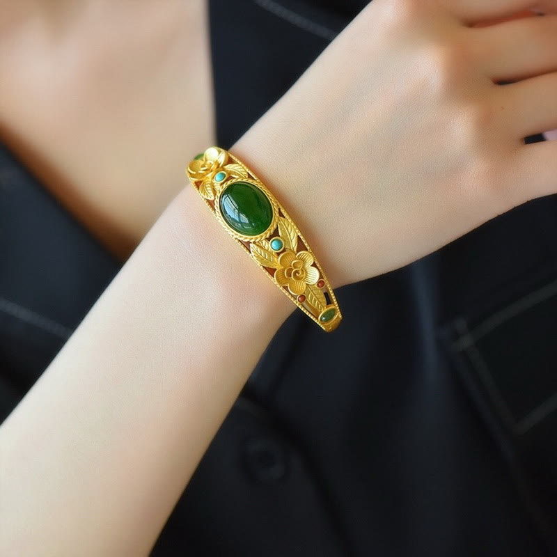 Buddha Stones Cyan Jade White Jade Flower Leaf Harmony Luck Bracelet Bangle Bracelet Bangle BS 1