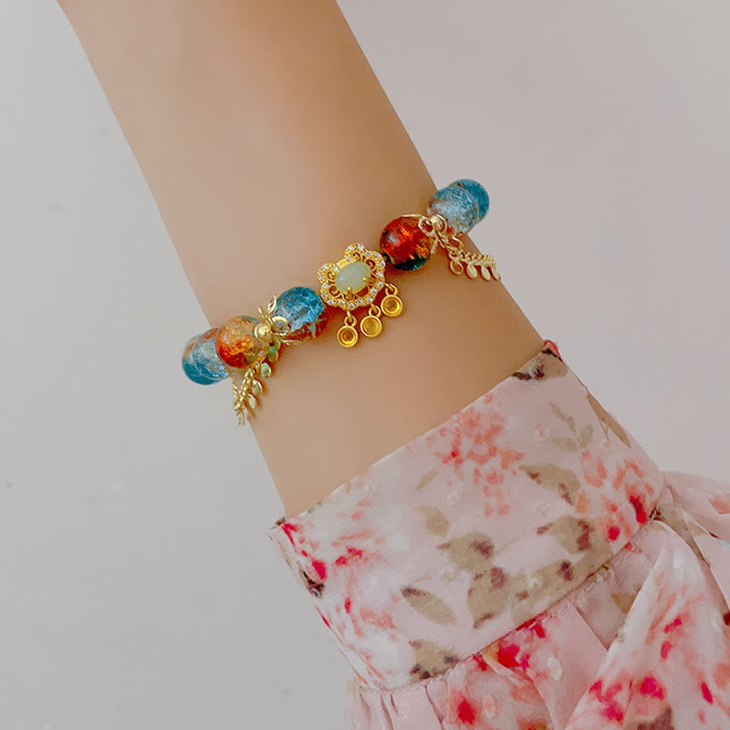 Buddha Stones Colorful Liuli Glass Bead Chinese Lock Charm Fortune Bracelet Bracelet BS 4