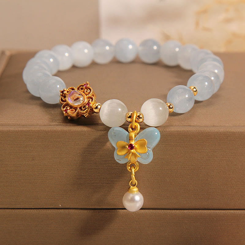 Buddha Stones Aquamarine Cat's Eye Healing Butterfly Pearl Charm Bracelet Bracelet BS Aquamarine(Wrist Circumference 14-16cm)