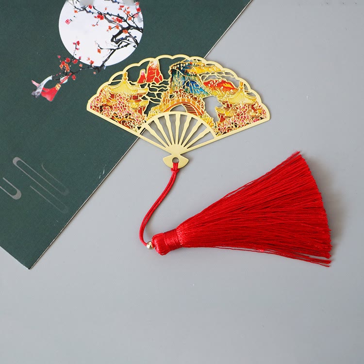 Buddha Stones Traditional Butterfly Lotus Flower Crane Dragon Phoenix Fox Koi Fish New Beginning Metal Brass Hollow Fan Bookmarks Bookmarks BS Mountain