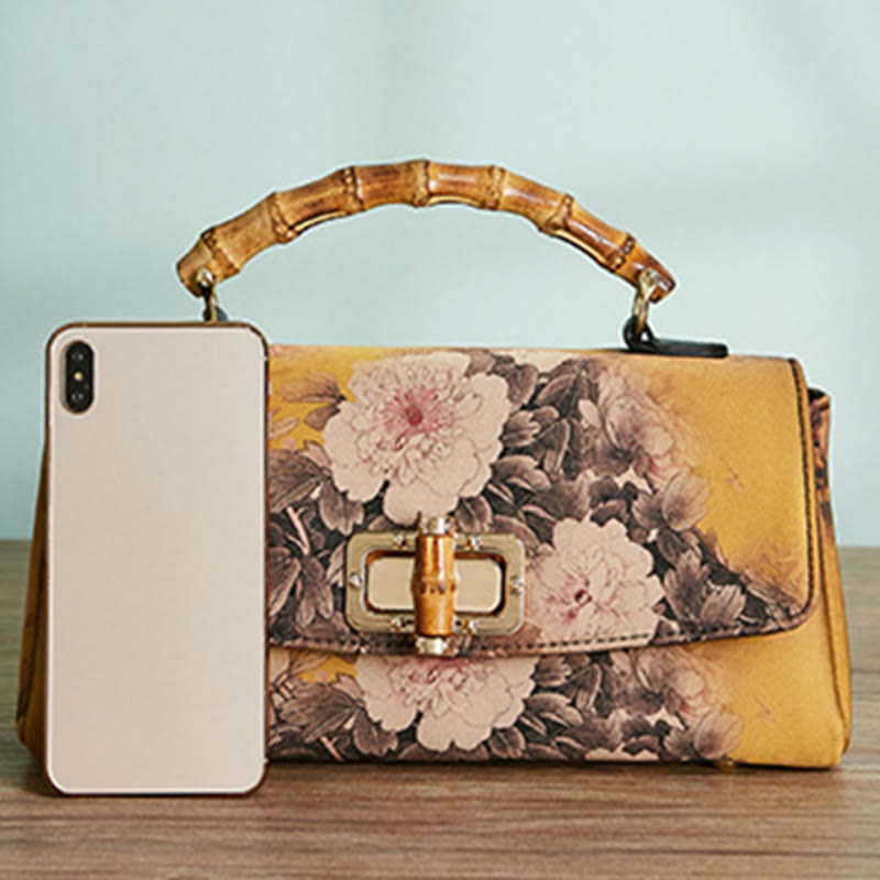 Buddha Stones Flower Pattern Bamboo Handle Metal Chain Crossbody Bag Handbags Crossbody Bag&Handbags BS 4