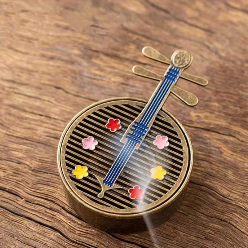 Buddha Stones Small Mini Gourd Fan Pipa Copper Alloy Incense Burner Decoration With Incense Incense Burner BS Blue Pipa 4*6.3*4.1cm