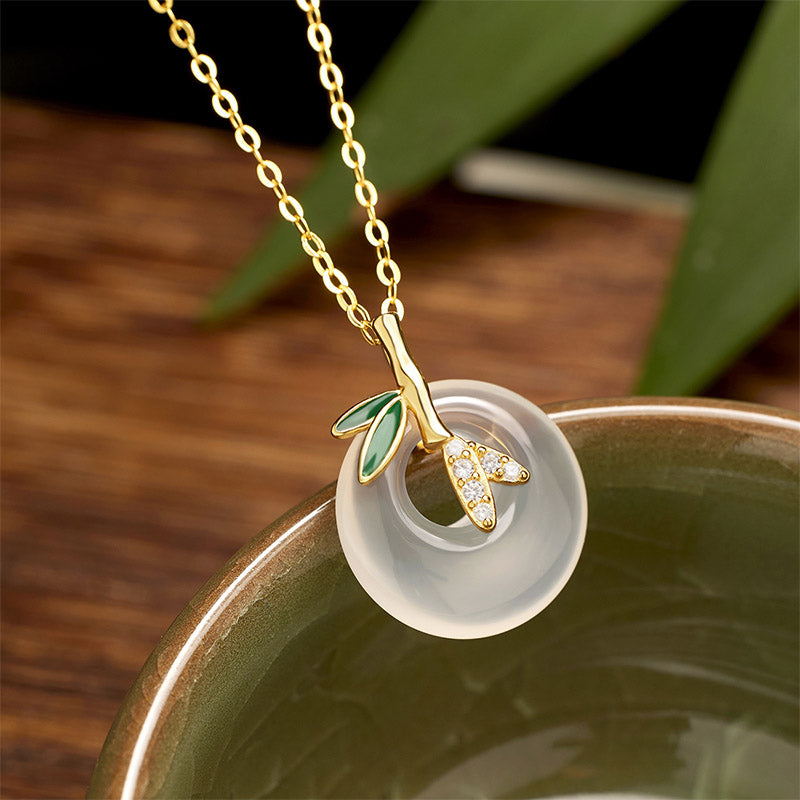 Buddha Stones 925 Sterling Silver Natural Chalcedony Bamboo Leaf Peace Buckle Positive Necklace Pendant Necklaces & Pendants BS 2