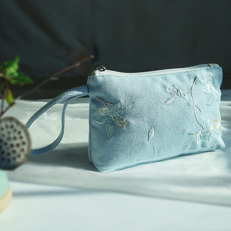 Buddha Stones Small Flower Plum Cherry Crane Peach Blossom Embroidery Canvas Wallet Shopping Purse Purse BS 9