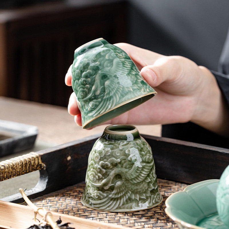 Buddha Stones Crane Pine Ceramic Teacup Kung Fu Tea Cup 80ml Cup BS 3