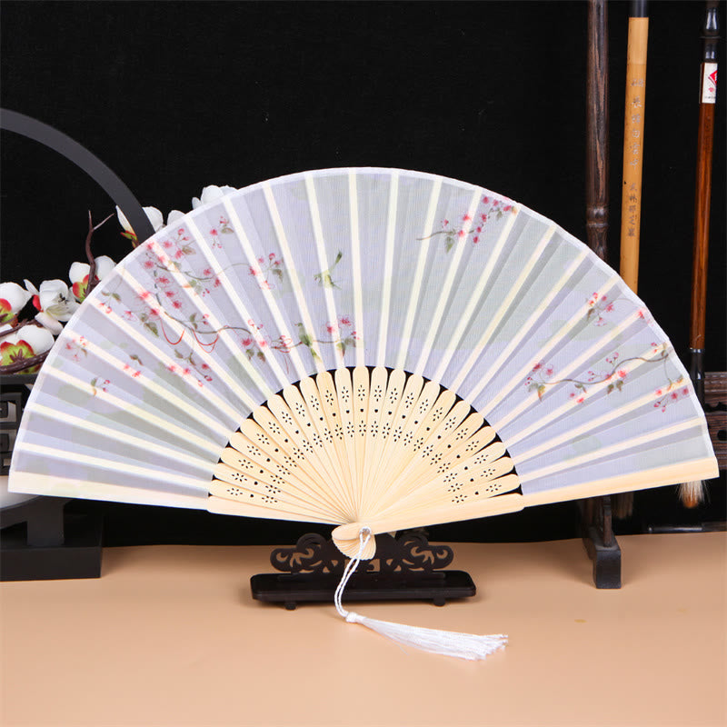 Buddha Stones Classic Birds Singing Flowers Handheld Bamboo Folding Fan Folding Fan BS Birds Red Flowers Branch