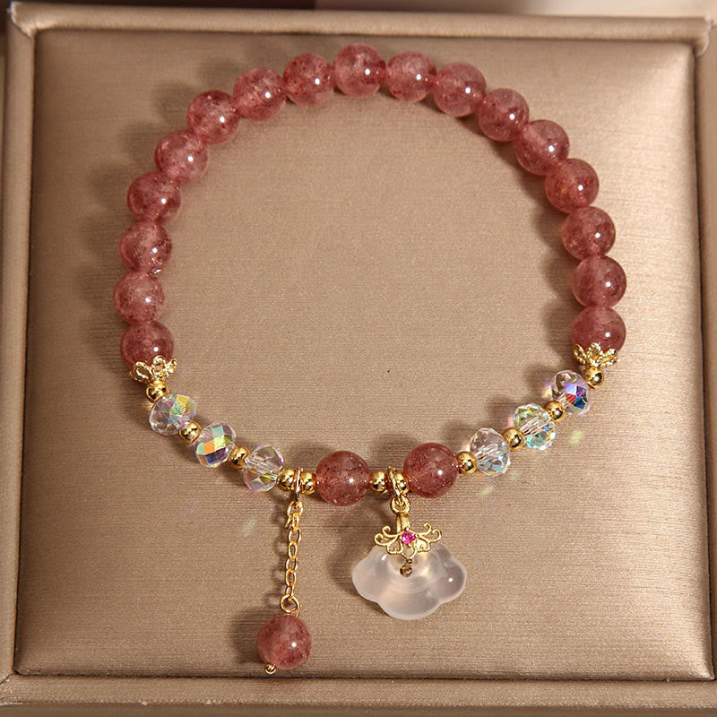 Buddha Stones Natural Strawberry Quartz Crystal White Agate Auspicious Cloud Healing Bracelet Bracelet BS 6