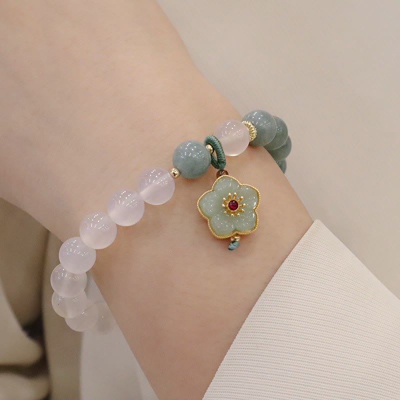 Buddha Stones White Agate Jade Lotus Flower Peace Buckle Protection Bracelet Bracelet BS Jade Agate Flower(Wrist Circumference 14-19cm)