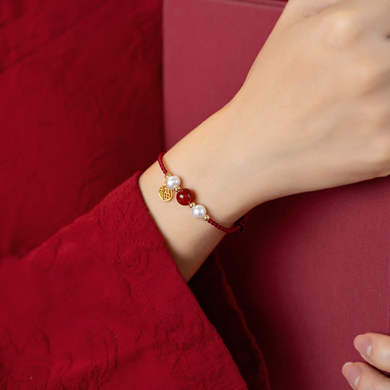 Buddha Stones 925 Sterling Silver Good Fortune Fu Character Agate Pearl Red String Braid Bracelet - image 13
