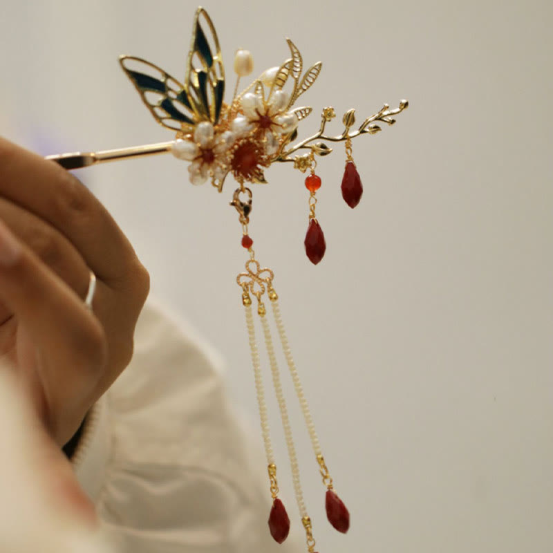 Foviel - Épingle à cheveux couronne de style chinois classique avec branche de fleur, papillon et pampille de perles