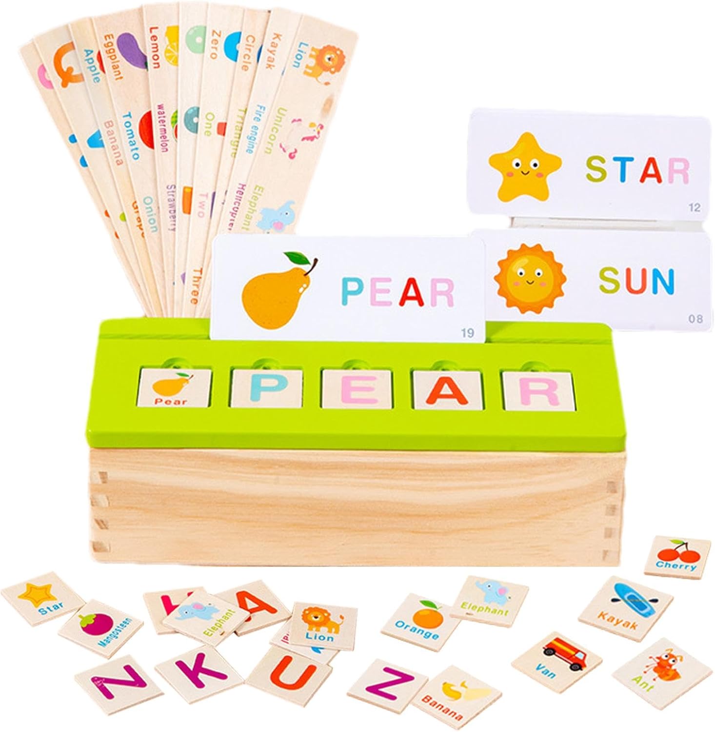 Fidtoy Wooden Knowledge Classification Objects Matching and Flash Cards Box Alphabet Learning Toy for Kids Ages 3+