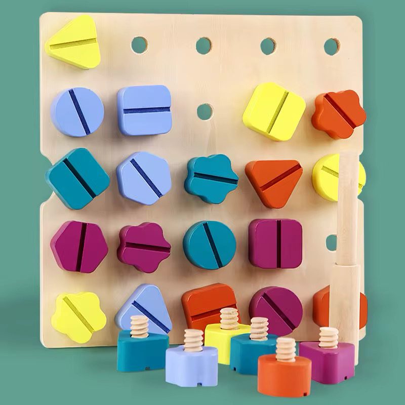 Montessori Wooden Screw Board | Rainbow Nut Shape Sorting and Matching Toy