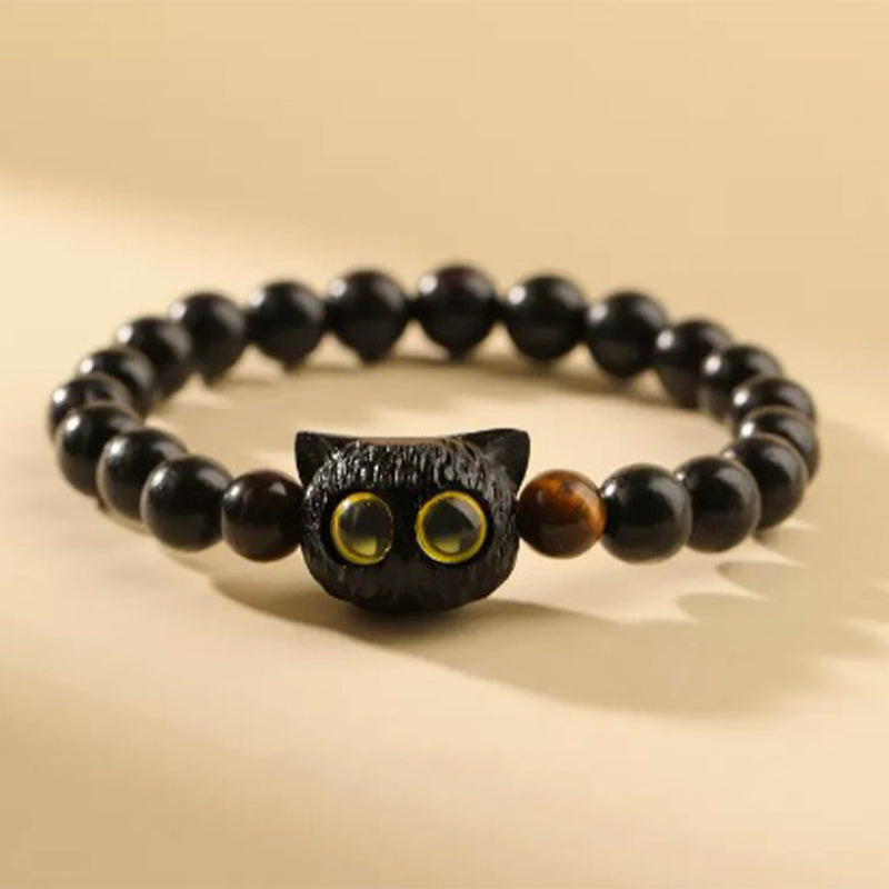 Buddha Stones Cute Ebony Wood Cat Head Pattern Peace Bracelet Bracelet BS 1
