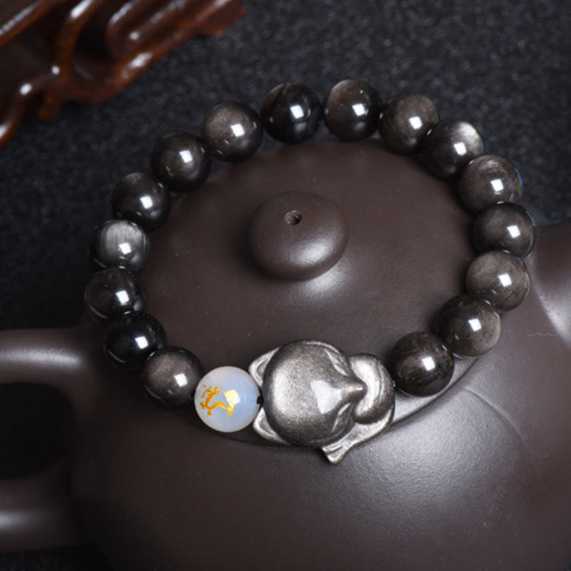 Buddha Stones Natural Rainbow Obsidian Gold Sheen Obsidian Silver Sheen Obsidian Fox Healing Bracelet Bracelet BS 19