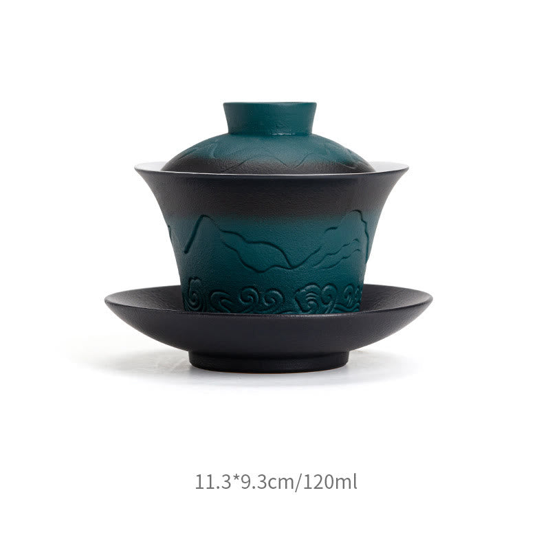 Buddha Stones Retro Blue Ocean Sea Waves Gradient Ceramic Gaiwan Sancai Teacup Kung Fu Tea Cup And Saucer With Lid Cup BS Black Green Gradient 11.3*9.3cm*120ml
