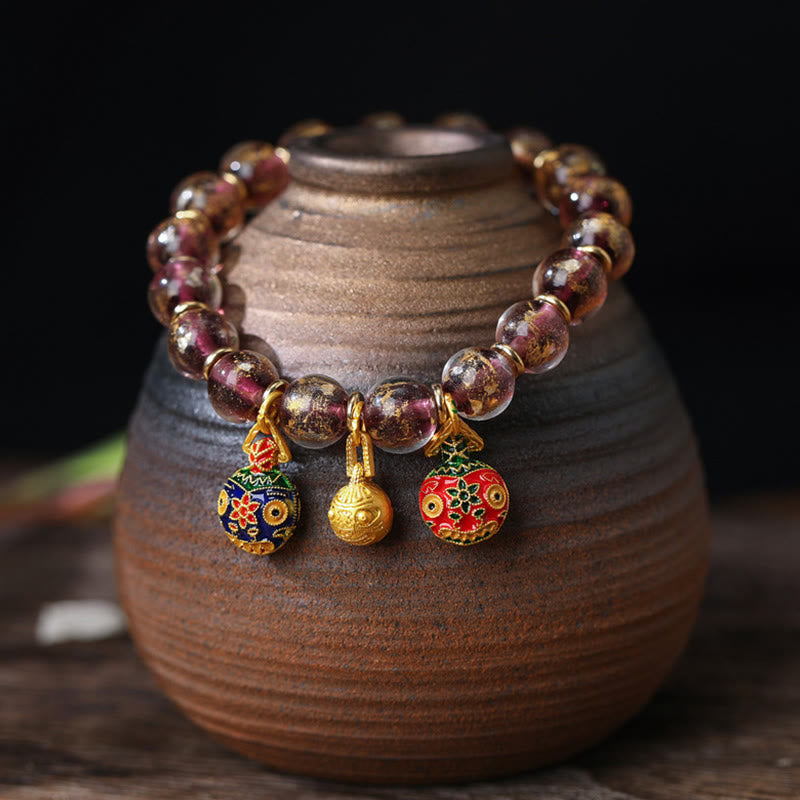 Buddha Stones Gold Swallowing Beast Family Charm Gold Silver Foil Liuli Glass Bead Blessings Bracelet Bracelet BS Purple Gold 10mm(18 Beads)