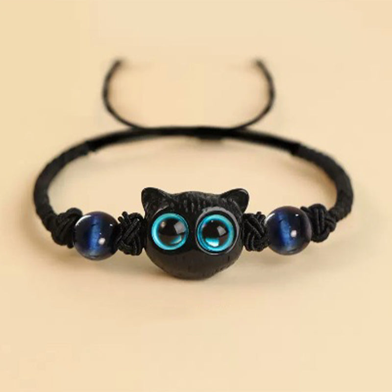 Buddha Stones Cute Ebony Wood Cat Head Pattern Peace Bracelet Bracelet BS Ebony Cat Lazurite Rope Bracelet(Wrist Circumference 14-18cm)