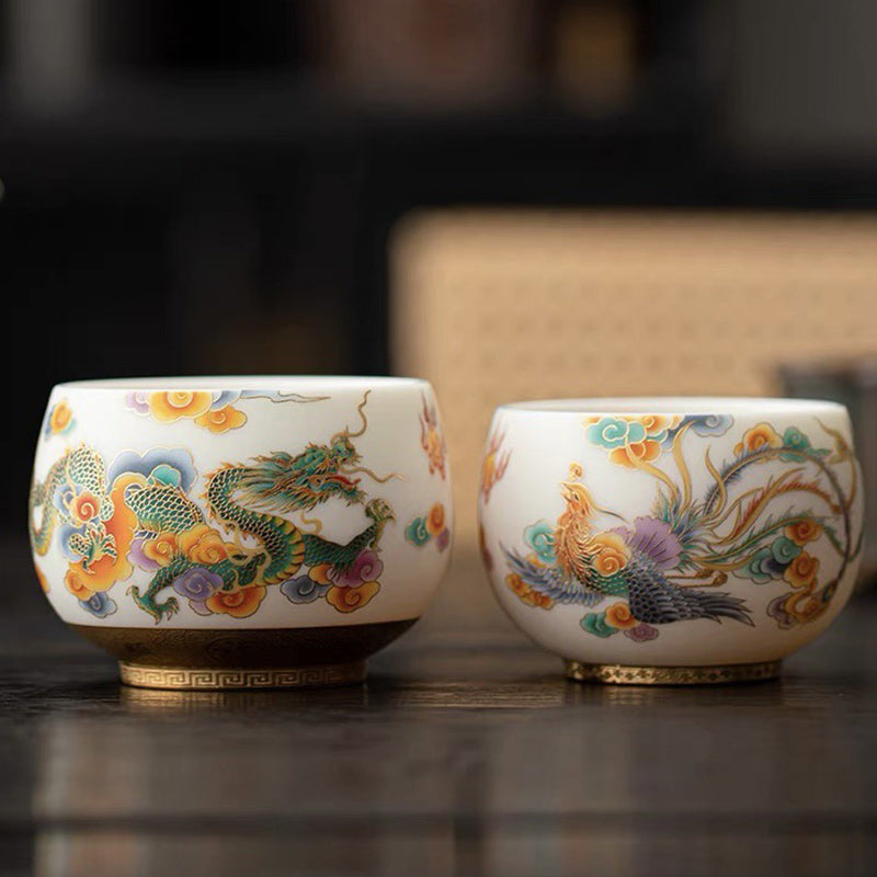 Buddha Stones Dragon Phoenix Auspicious Clouds Ceramic Teacup Kung Fu Tea Cup Cup BS 1