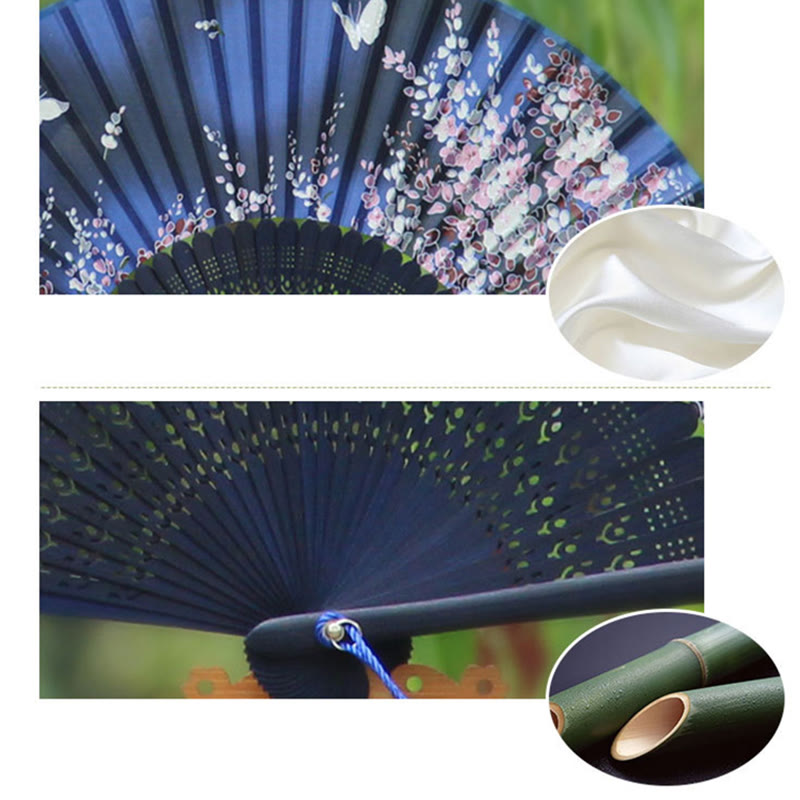 Buddha Stones Butterfly Flowers Handheld Silk Bamboo Folding Fan