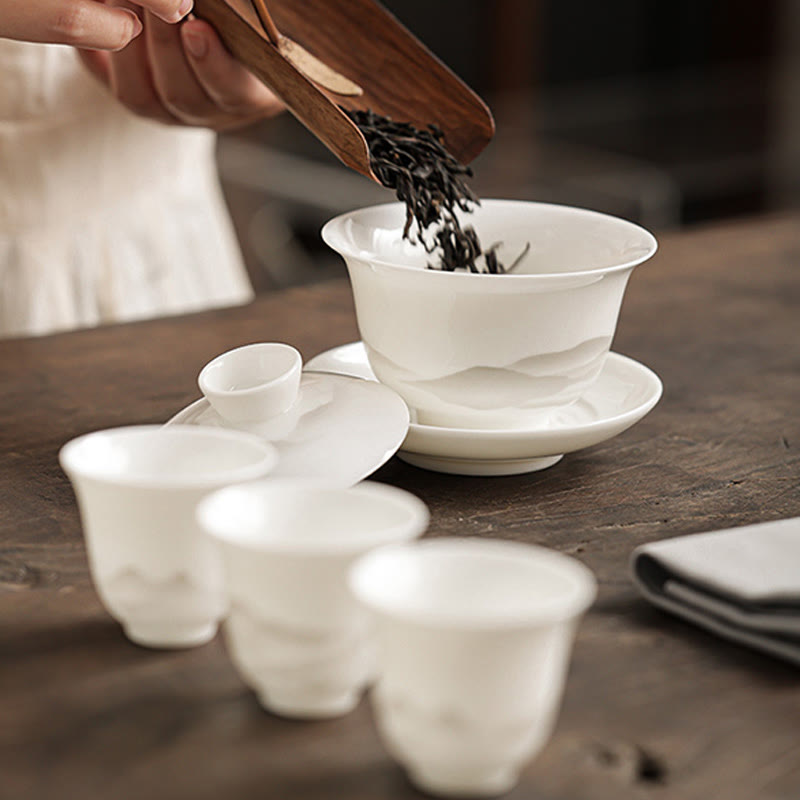 Buddha Stones Vintage Ink Painting Mountain White Porcelain Ceramic Gaiwan Sancai Teacup Kung Fu Tea Cup And Saucer With Lid Tea Utensil Teapot Cup BS 7