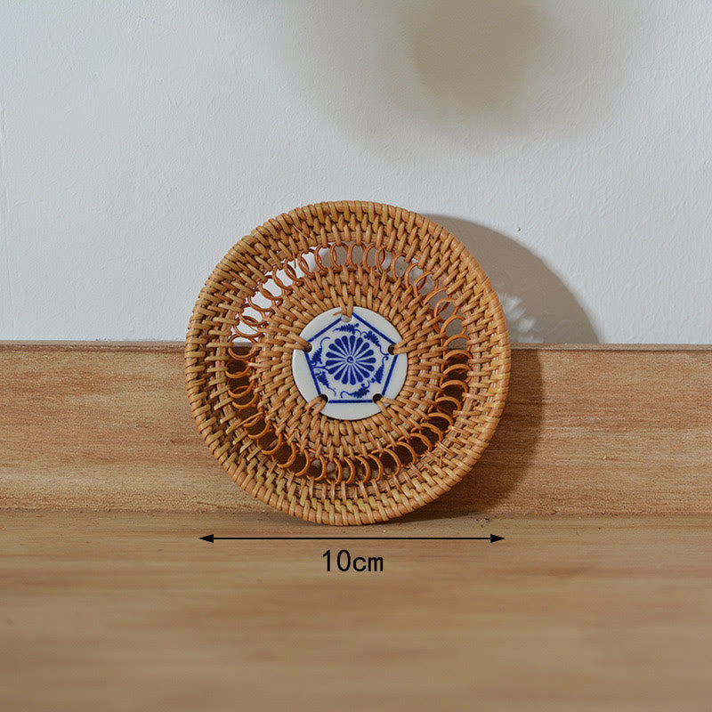 Buddha Stones Ceramic Flower Pattern Rattan Cup Mat Tea Cup Coaster Decorations BS 10cm Ceramic Coaster