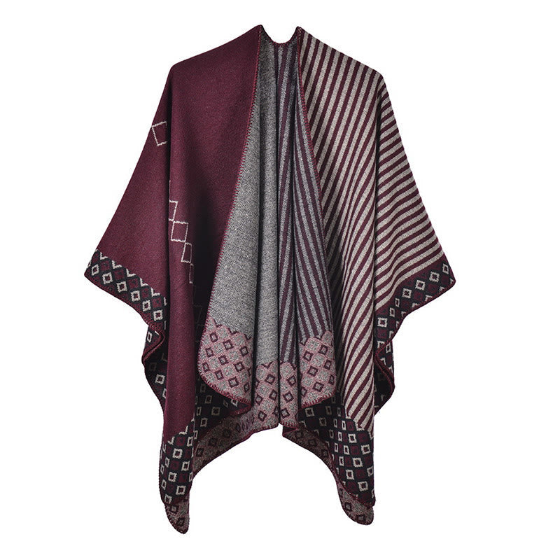 Buddha Stones Tibetan Shawl Striped Diamond Pattern Winter Warm Soft Scarf Tibetan Shawl BS Dark Red Gray