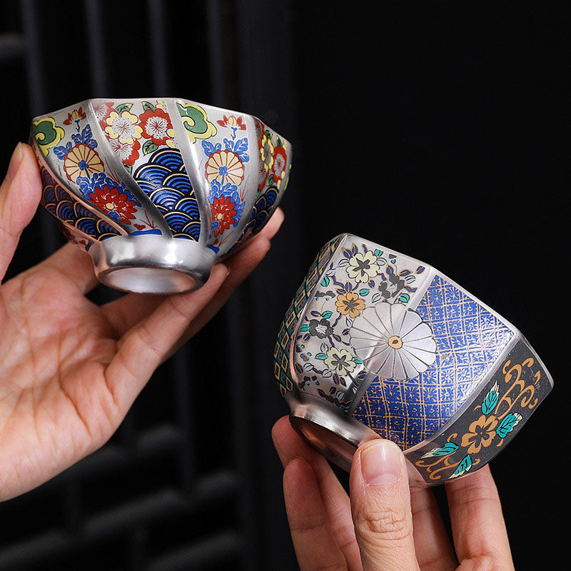 Buddha Stones 999 Sterling Silver Gilding Chrysanthemum Flowers Ceramic Teacup Kung Fu Tea Cup Cup BS main