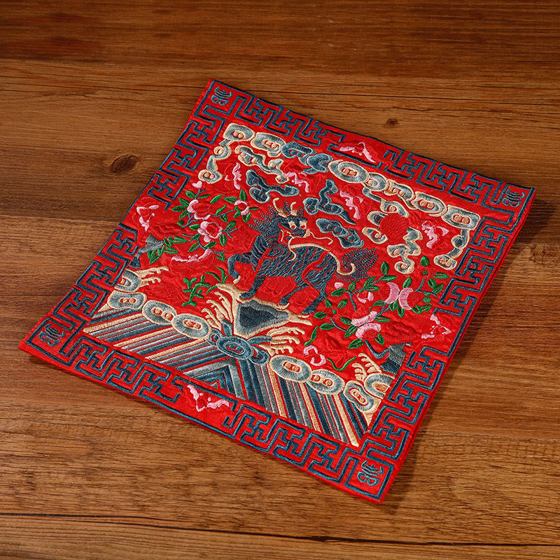 Buddha Stones Crane Phoenix Dragon Kirin Embroidered Cup Mat Pad Tea Cup Coaster Square Kung Fu Tea Mat Tea Mat BS Red Kirin
