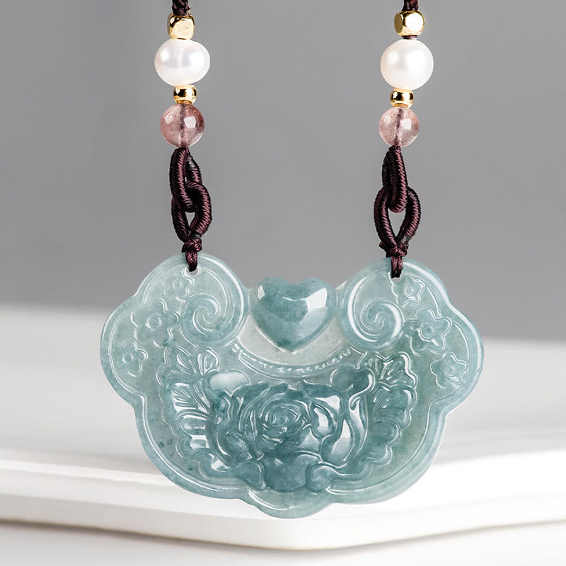 Buddha Stones Natural Jade Peony Flower Lock of Good Wishes Prosperity Necklace Pendant Necklaces & Pendants BS 7