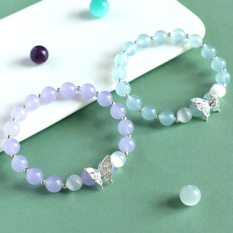 Buddha Stones Blue Chalcedony Pink Crystal Purple Chalcedony Butterfly Energy Bracelet 2