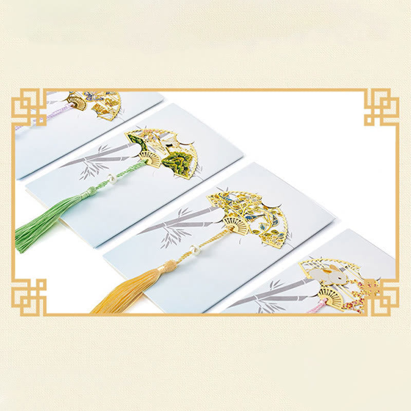 Buddha Stones Traditional Butterfly Lotus Flower Crane Dragon Phoenix Fox Koi Fish New Beginning Metal Brass Hollow Fan Bookmarks Bookmarks BS 26