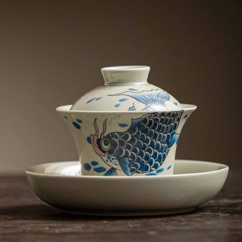Buddha Stones Koi Fish Arowana Ceramic Gaiwan Sancai Teacup Kung Fu Tea Cup With Lid 130ml Cup BS 19