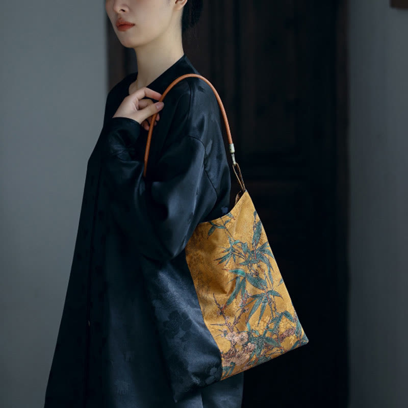 Buddha Stones Bamboo Leaves Flower Butterfly Persimmon Shoulder Bag Handbag Shoulder Bag BS 9