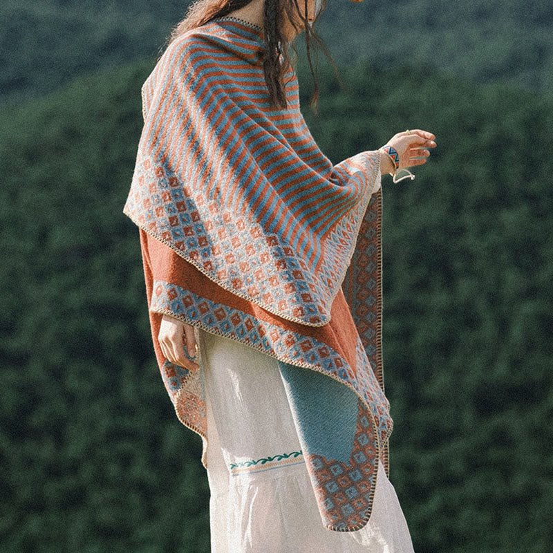 Buddha Stones Tibetan Shawl Striped Diamond Pattern Winter Warm Soft Scarf Tibetan Shawl BS 12