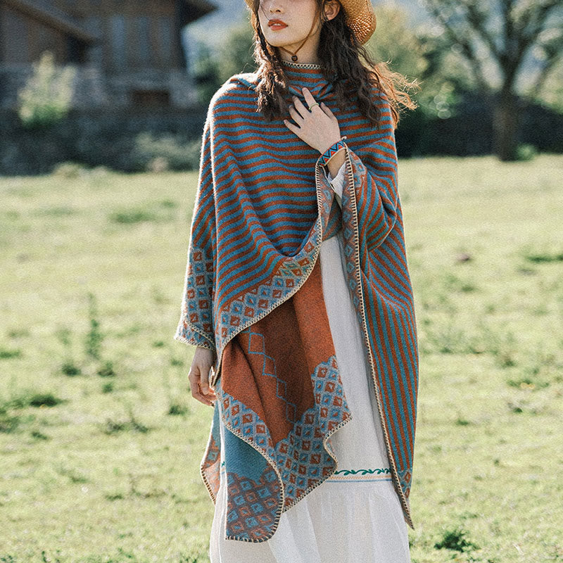 Buddha Stones Tibetan Shawl Striped Diamond Pattern Winter Warm Soft Scarf Tibetan Shawl BS 1