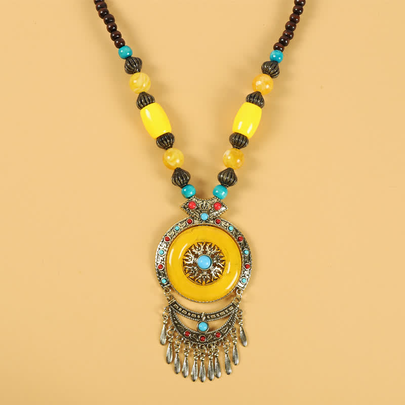 Buddha Stones Tibetan Retro Beads Tassel Hair Decoration Hair Accessories Decorations BS Round Tassels-Yellow