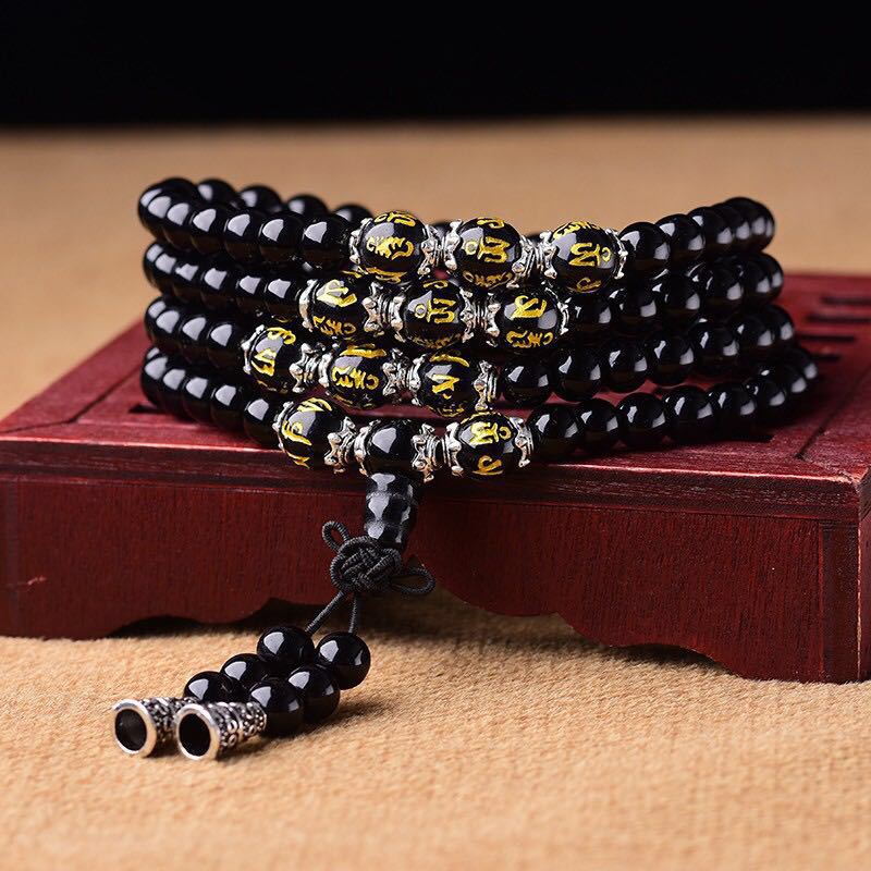 Buddha Stones Black Obsidian Six True Words Protection Mala Bracelet Mala Bracelet BS main