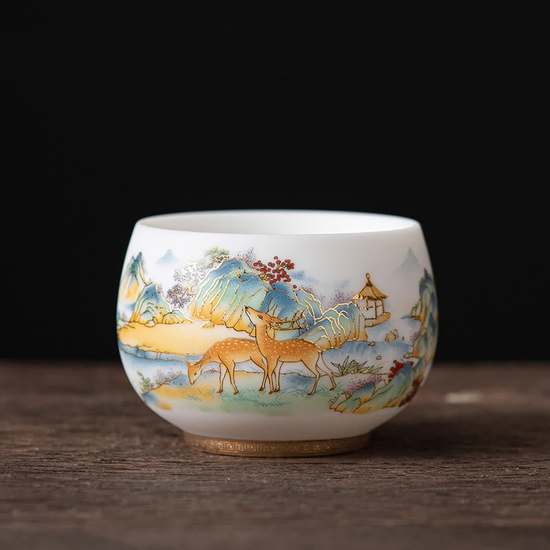 Tasse à thé en céramique Foviel Phoenix Dragon Lotus Deer Ancient Building Koi Fish pour thé Kung Fu