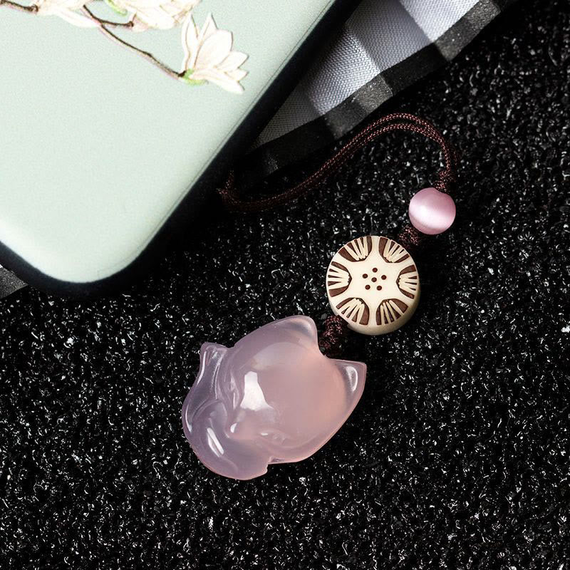 Buddha Stones Natural Chalcedony Fox Harmony Phone Hanging Decoration Phone Hanging Decoration BS Pink Fox