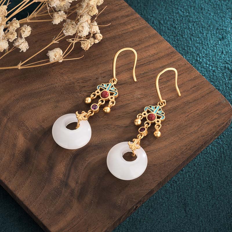 Buddha Stones FengShui White Jade Blessing Drop Earrings Earrings BS 1