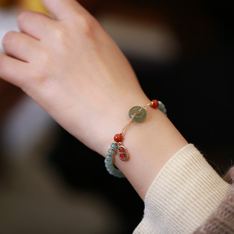Buddha Stones Natural Hetian Jade Red Agate Peace Buckle Lucky Fortune Bracelet Bracelet BS 1