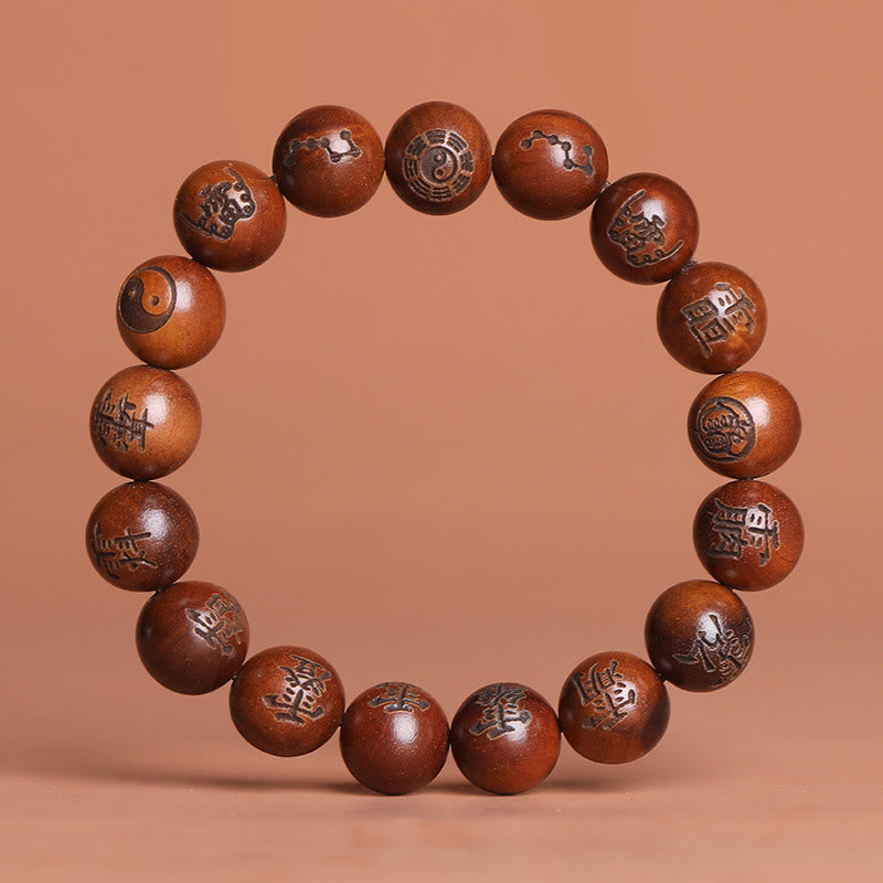 Buddha Stones Lightning Struck Jujube Wood Yin Yang Bagua Taoist Taboo Characters Engraved Protection Bracelet Bracelet BS 12mm(Wrist Circumference 15-17cm)