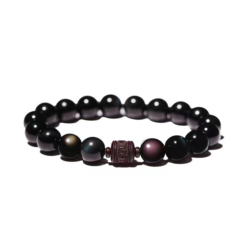 Buddha Stones Natural Gold Sheen Obsidian Rainbow Obsidian Om Mani Padme Hum Fu Character Healing Bracelet Bracelet BS 32