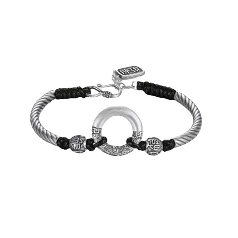 Buddha Stones 999 Sterling Silver Fu Character Peace Buckle Copper Coin Auspicious Clouds Fortune Bracelet Bracelet BS 17