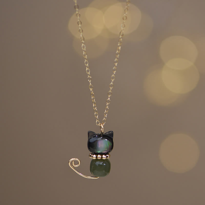 Buddha Stones 14K Gold Plated Pearl Hetian Jade Shell Luck Cat Kitten Necklace Pendant Necklaces & Pendants BS Normal 14K Gold Plated Shell&Cyan Jade