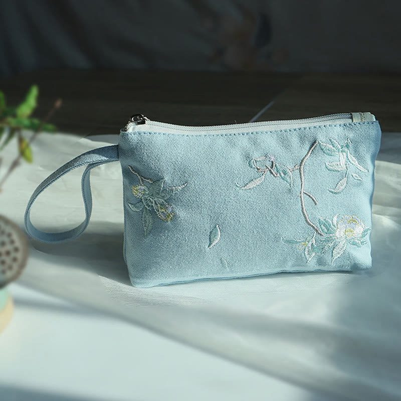 Buddha Stones Small Flower Plum Cherry Crane Peach Blossom Embroidery Canvas Wallet Shopping Purse Purse BS 8