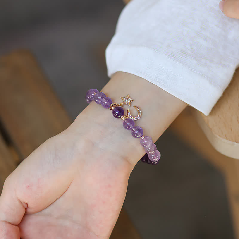Buddha Stones Amethyst Crystal Moon Star Healing Bracelet Bracelet BS 4