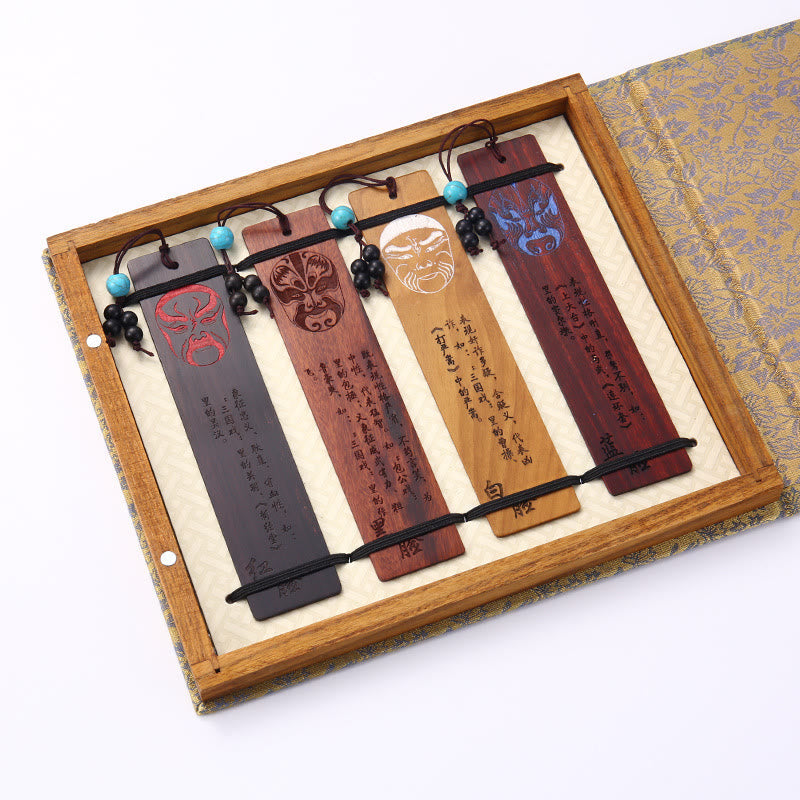 Buddha Stones 4Pcs Four Seasons Plum Orchid Bamboo Chrysanthemum Peking Opera Mask Wood Bookmarks With Gift Box Bookmarks BS 4Pcs Peking Opera Mask