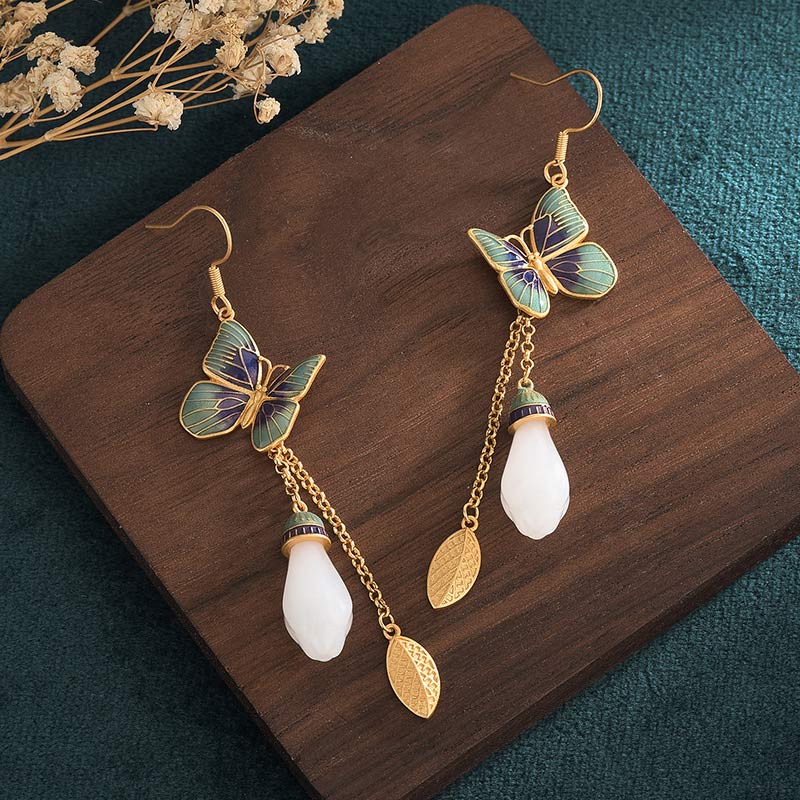 Buddha Stones FengShui White Jade Fortune Earrings Earrings BS 3